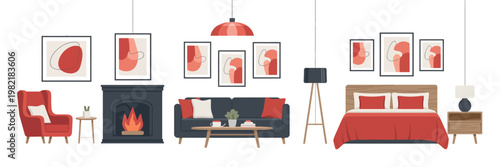   Cozy Living Room Interior with Fireplace and Modern Furniture Flat Illustration