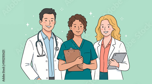 Diverse medical professionals including surgeon and general practitioner with stethoscope and clipboard on green background, concept for healthcare insurance, hospital staff and clinical ads