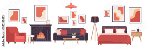  Cozy Living Room Interior with Fireplace and Modern Furniture Flat Illustration