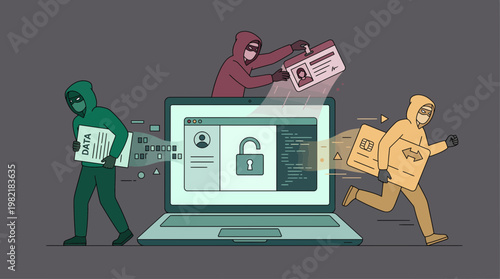 Cyber criminals stealing company data and credit card from laptop of a financial manager, concept for business data protection, cybersecurity awareness and corporate information security