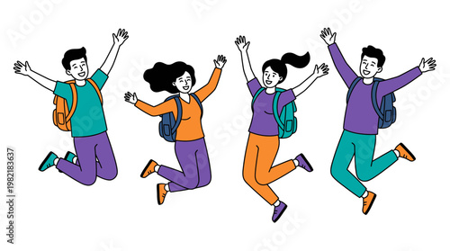 Group of happy young creative startup entrepreneurs jumping with backpacks on white background celebrating victory, concept for team success, project completion and corporate achievement