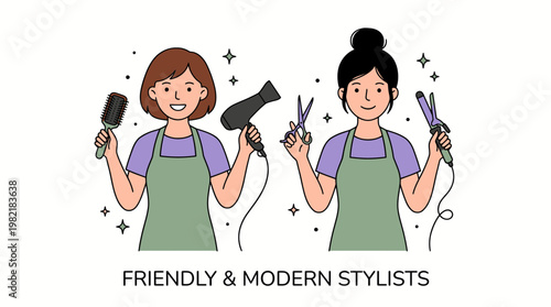 Professional hair stylists with aprons holding hairbrush dryer scissors and curling iron tools, concept for beauty salon branding, hairdresser marketing and hair care service promotion