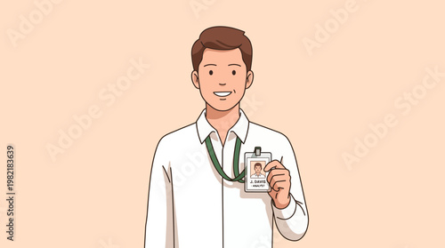 Smiling male corporate analyst in white shirt showing his official identification badge on green lanyard, concept for employee identification, security clearance and professional business profile