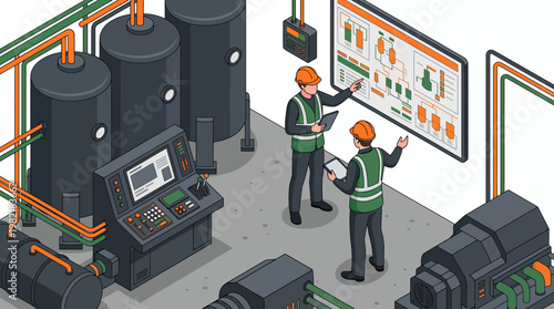 Isometric industrial site managers monitoring digital control panels and factory schematics near storage tanks, concept for smart factory management, automation and energy optimization