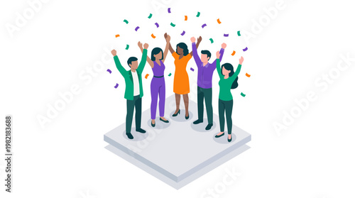Diverse corporate team of project managers and executives celebrating success with confetti on isometric platform, concept for business achievement, team victory and professional milestone