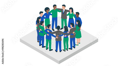 diverse group of corporate managers and executives standing in a circle on isometric platform, concept for team building, business collaboration and organizational unity