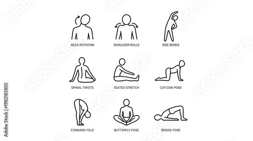 Collection of ergonomic stretching line icons showing neck rotation and yoga poses for office workers, concept for wellness program, employee health guide and workplace ergonomics infographic
