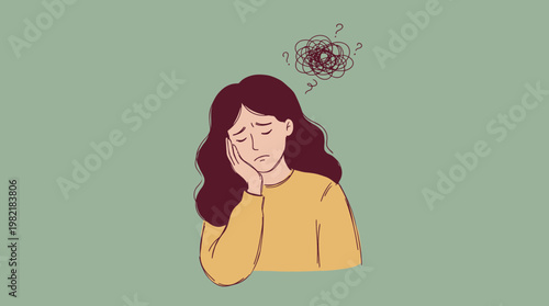 Stressed female office manager with tangled thoughts and question marks above her head against green background, concept for mental health awareness, workplace burnout and decision making