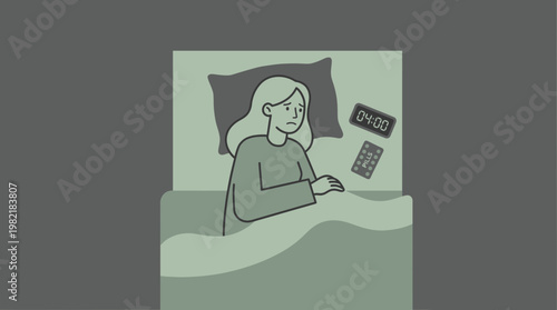 Exhausted female marketing executive lying in bed awake at four in the morning with sleeping pills nearby, concept for insomnia treatment, burnout awareness and healthcare marketing