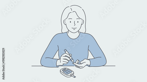 Young female corporate office worker checking blood sugar with a lancet and glucometer at her workstation, concept for employee wellness, health screening and workplace safety