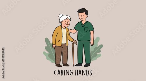 Male professional nurse in green scrubs supporting senior woman with walking stick on beige background with leaves, concept for geriatric healthcare, medical assistance and nursing home