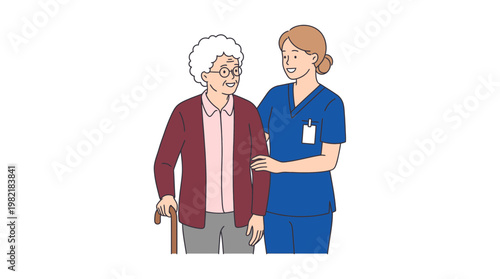 Professional medical nurse assisting elderly woman with walking cane on white background, concept for geriatric nursing care, retirement home services and elderly patient assistance