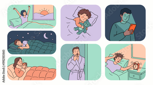 Collection of corporate employees sleeping and waking up in bed through various morning and night routines, concept for work-life balance, mental health and productivity habits
