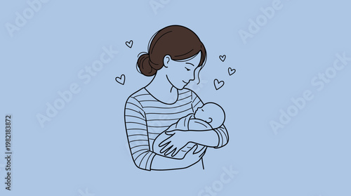 Minimalist line art illustration of a professional woman holding her newborn baby on blue background, concept for maternity leave benefits, working parents and work life balance