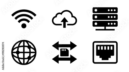 Black minimalist technology icons set featuring wifi, cloud upload, server, globe, storage and ethernet port on white background, concept for web development, IT management and digital networking