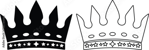 Crown icon set collection group, king, queen, royal, tiara, diadem, monarchy symbols, regal headwear shapes in flat and line style black vector illustration isolated design pack