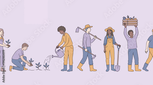 Diverse organic farmers and agricultural managers planting seedlings, watering crops and carrying harvest crates, concept for sustainable agriculture, community farming and food production