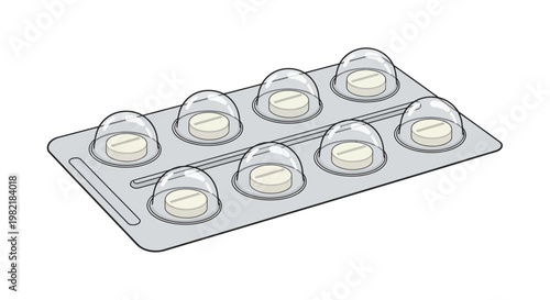 An illustration of a blister pack containing pills on a flat surface