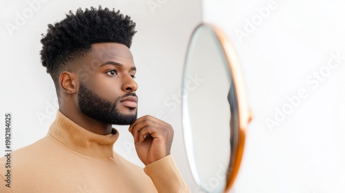 Thoughtful young Black man, sharp fade and beard, gazing at his reflection in a mirror. Profile close-up for modern grooming and self-care, Male Beauty, Beardcare
