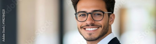 Up-close portrait Handsome young professional in black glasses, with a bright, confident smile and smart beard. Headshot filling right frame on blurred background, symbolizing modern