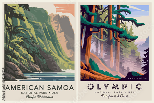 Retro styled park posters evoke natural beauty and adventure. Vibrant colors capture wild mountains and dense forests. Each design invites exploration through serene landscapes