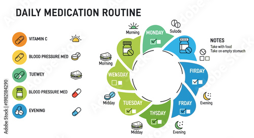 A person organizes daily medication routine with various pills and notes on a table indoors.