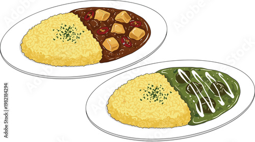 Japanese Curry Rice Dishes Set with Different Sauces and Toppings Delicious Food Illustration Collection for Restaurant Menu and Asian Cuisine Design