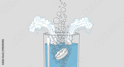 A fizzy tablet dissolves in a glass of blue liquid with rising bubbles.