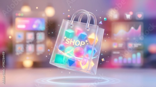 Transparent shopping bag with colorful 3D shapes for online store and e-commerce concept