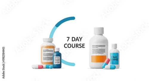 Medications arranged in a 7-day course setup on a surface
