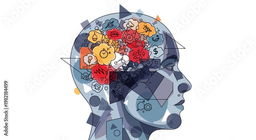 A colorful illustration of a human head filled with various emojis and symbols.