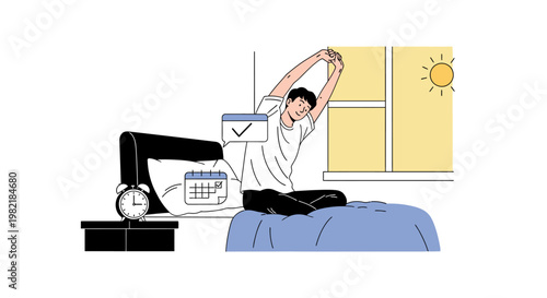 Man stretching on bed in bedroom with window and clock