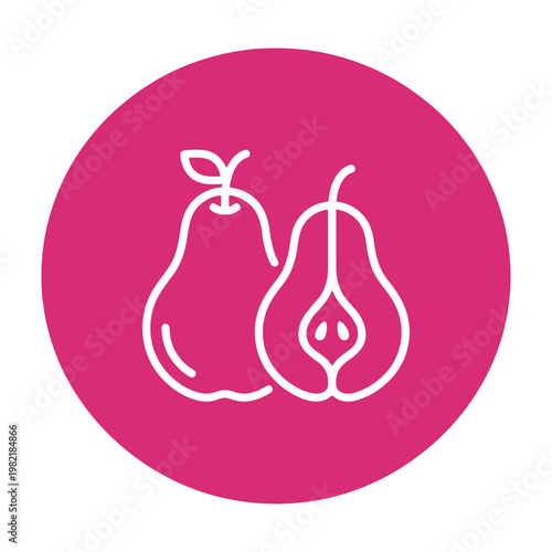 Pear fruit icon showing whole and sliced halves on a pink circular background for food design