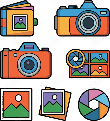 Photography and gallery icons set with camera photo frames images collage creative media symbols vector illustration