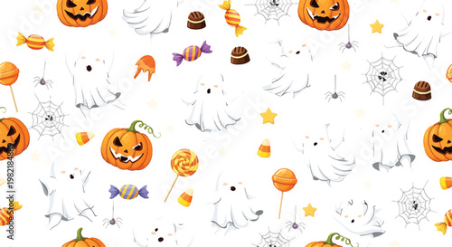 Pumpkins and ghost characters appear alongside colorful candies in this playful Halloween celebration pattern.
