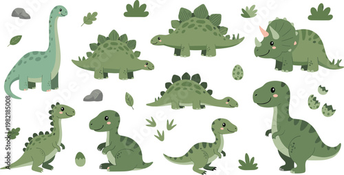 Cute Dinosaur Cartoon Character Set with Baby Dino Poses Eggs Leaves and Prehistoric Animals Vector Illustration Collection