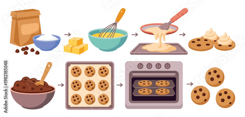  Cookie Baking Process with Ingredients and Kitchen Tools Flat Vector Illustration