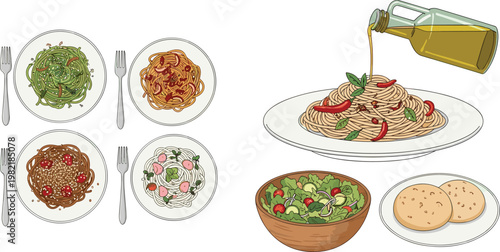Japanese Hot Pot Food Set with Raw Meat Slices and Vegetable Ingredients in Traditional Bowls Illustration Collection for Restaurant Menu Design