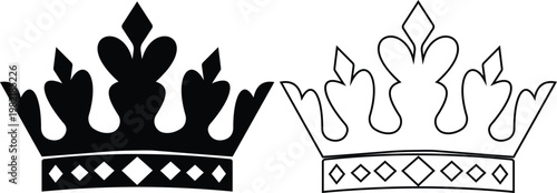 Crown icon set collection group, king, queen, royal, tiara, diadem, monarchy symbols, regal headwear shapes in flat and line style black vector illustration isolated design pack