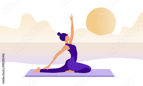  Faceless character doing a yoga pose on a beach mat at sunrise