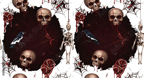 Skulls and skeleton figures decorate this dark, gothic-themed repeating pattern featuring cobwebs and birds.