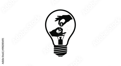 Lightbulb icon features human hands exchanging coins to represent investment and financial innovation.