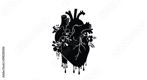 Heart organ illustration incorporates floral elements and dripping textures to represent emotional health.