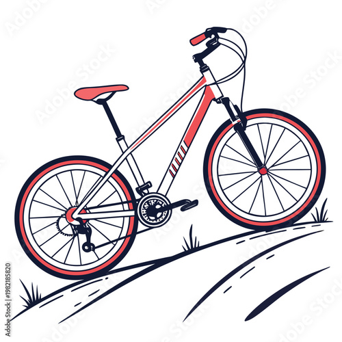 Mountain bike on grassy hill in coral and navy blue with clean lines for outdoor adventure.