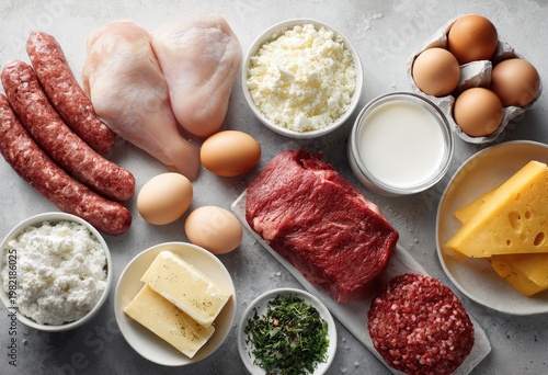 A variety of fresh protein sources and dairy products are displayed on a neutral surface.