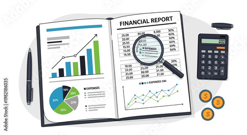 Business documents and calculator on a desk with financial graphs