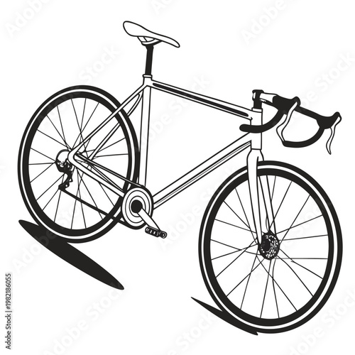Road bicycle line art in monochrome on white background for sports and fitness illustration.