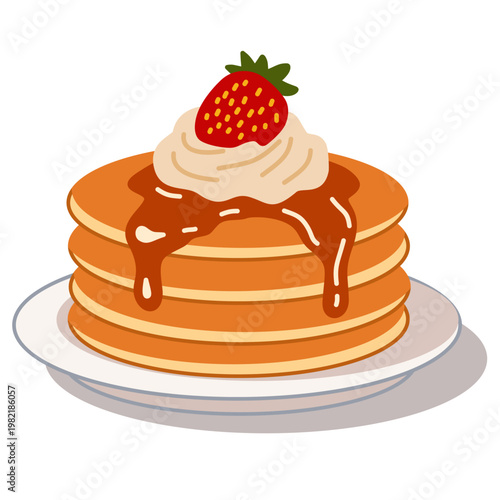 Pancake Stack with Syrup and Strawberry in Flat Vector Style for Breakfast
