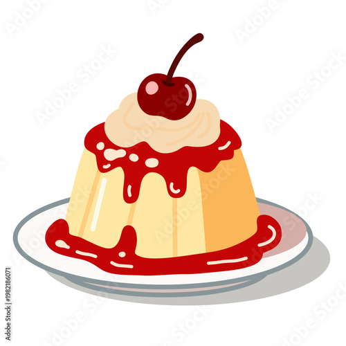 Caramel Pudding with Cherry Topping in Flat Vector Style for Dessert Menu