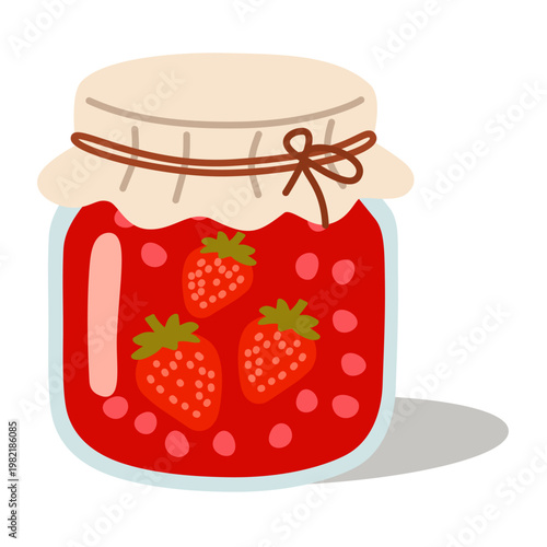 Strawberry Jam Jar with Fresh Fruit in Flat Vector Style for Food Packaging